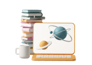 stack of books and mug next to laptop screen showing planets